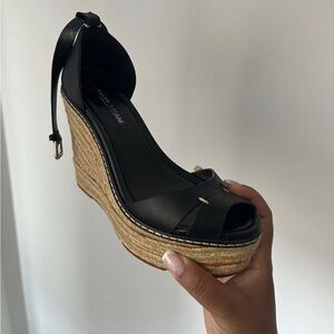 Ralph Lauren Black Leather Peep-Toe Wedge Espadrille with Ankle Strap
